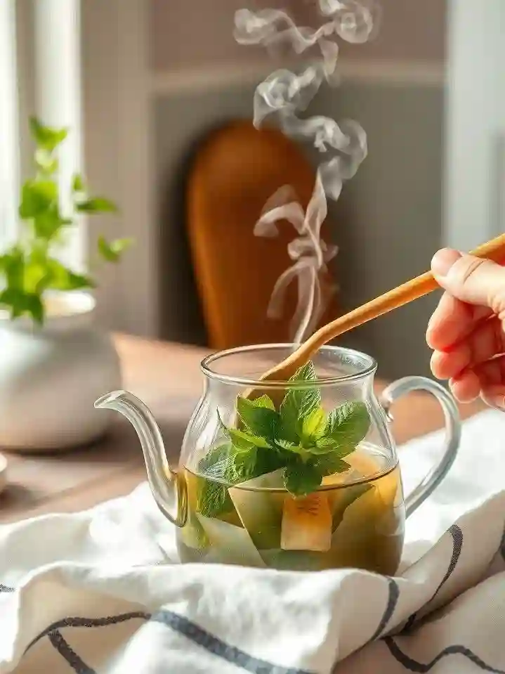 Steeping green tea with mint and honey in a teapot for iced tea