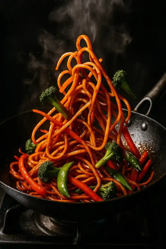 stir frying gochujang noodles
