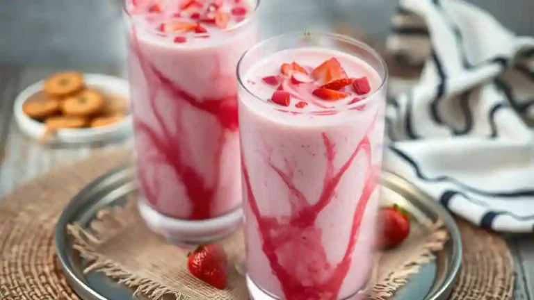 SStrawberry Milk Bubble Tea in a tall glass with strawberries and boba
