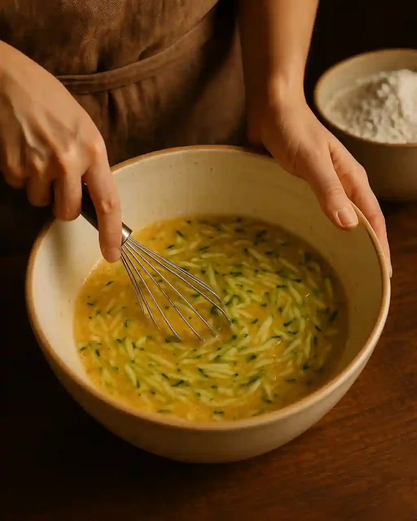 Mixing lemon zucchini cake batter in bowl