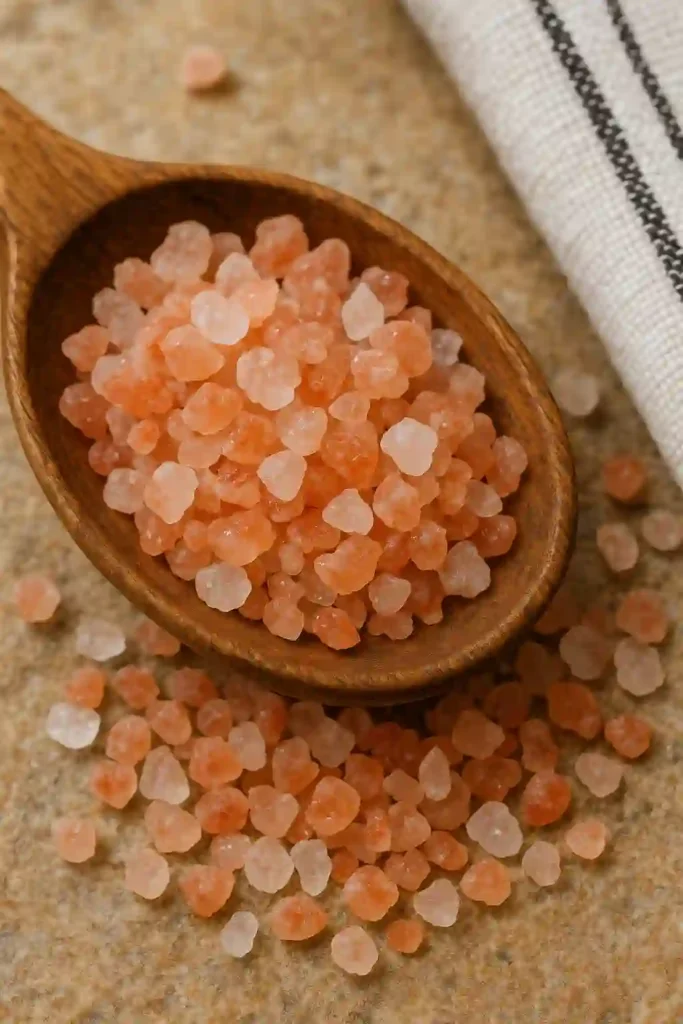 Close-up of Himalayan pink salt Weight Loss crystals in a wooden spoon.