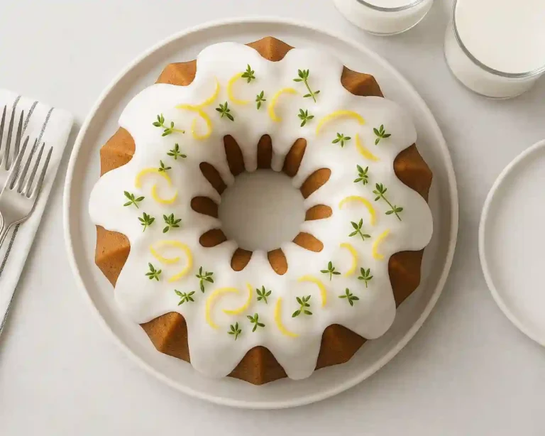 Lemon zucchini cake with lemon glaze on wooden table