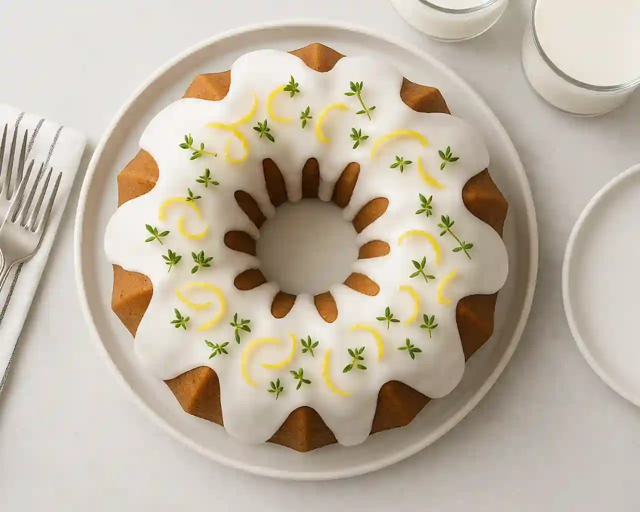 Lemon zucchini cake with lemon glaze on wooden table