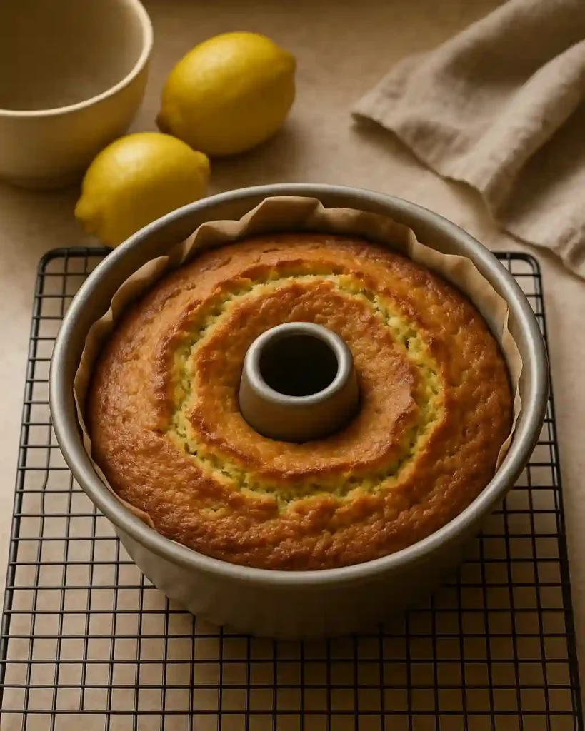 Lemon zucchini cake cooling on wire rack