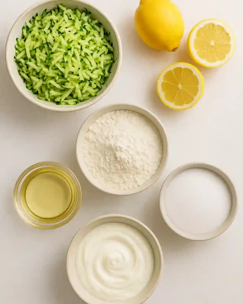 Lemon zucchini cake ingredients arranged on a counter