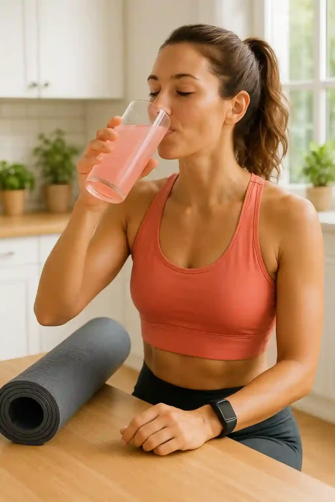 Woman drinking pink salt weight loss detox water after exercise for weight loss support.