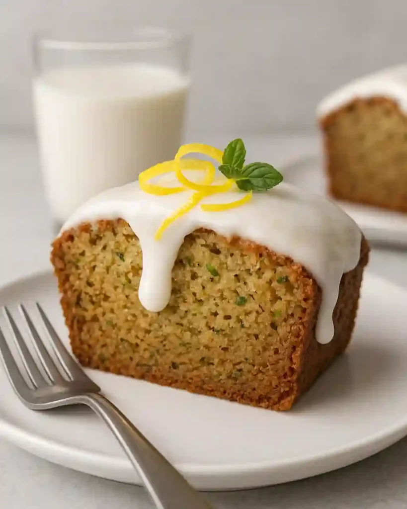 Slice of lemon zucchini cake with lemon glaze