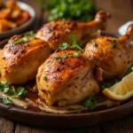 Juicy baked chicken leg quarters recipe with crispy golden skin served with roasted vegetables.
