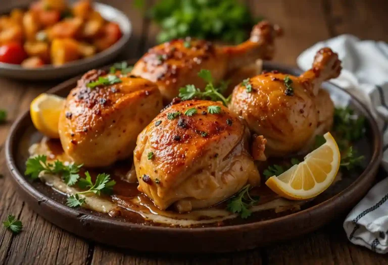 Juicy baked chicken leg quarters recipe with crispy golden skin served with roasted vegetables.