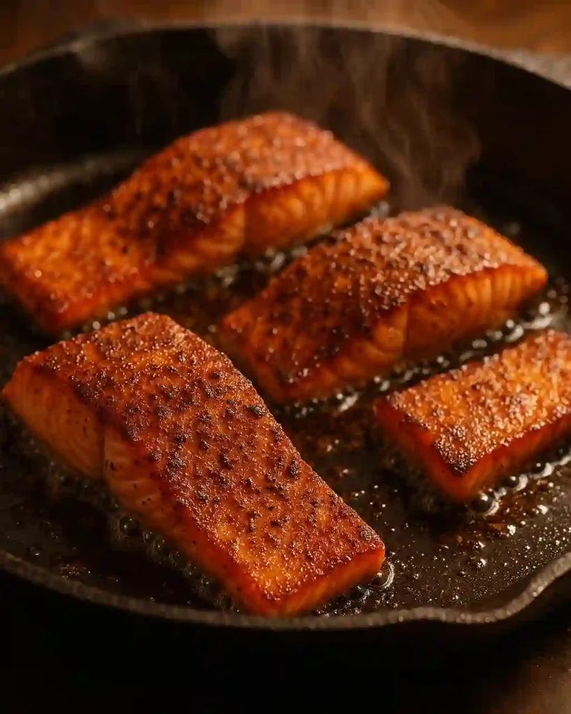 Cajun honey butter salmon searing in skillet