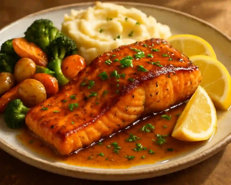 Cajun honey butter salmon served with mashed potatoes