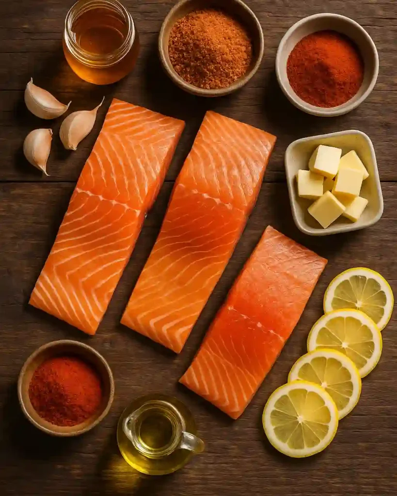 Cajun honey butter salmon ingredients flat lay