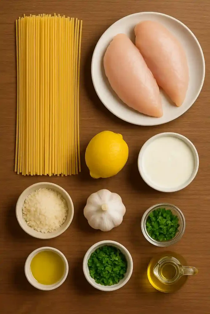 Ingredients for creamy lemon chicken pasta arranged on a table