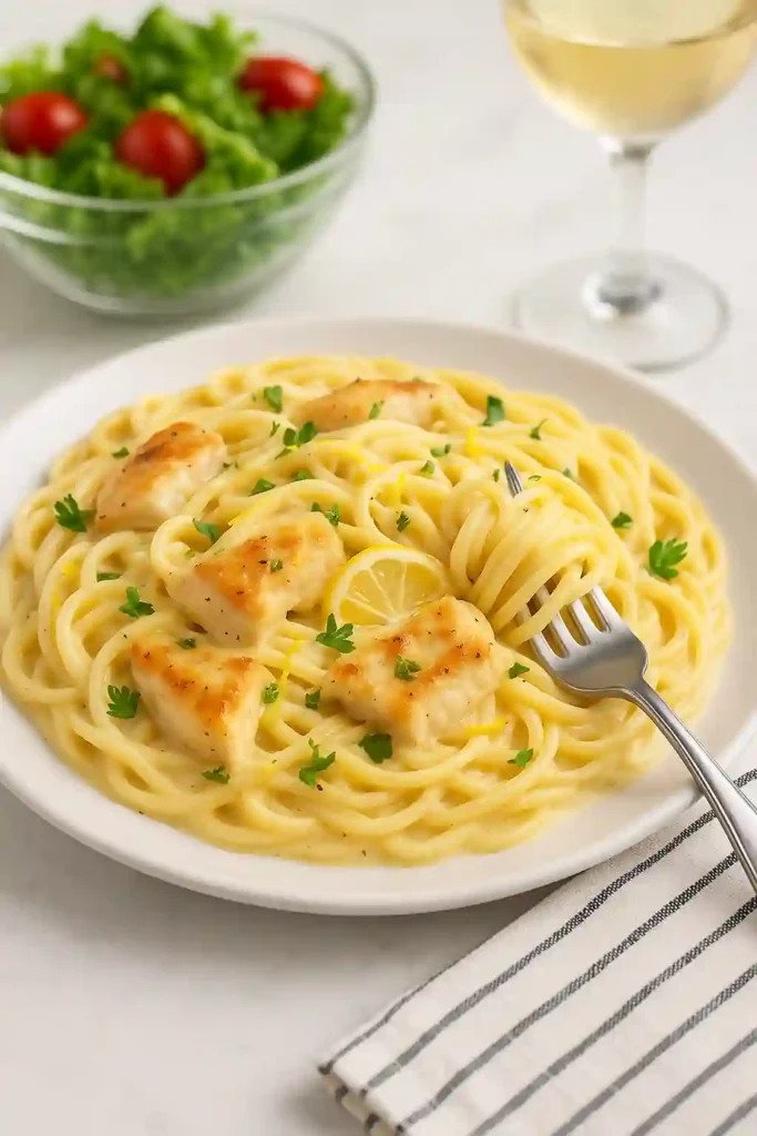 Plate of creamy lemon chicken pasta served with parsley and lemon