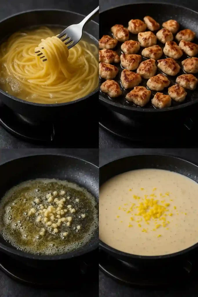 Cooking pasta and chicken for creamy lemon chicken pasta, Garlic sautéing for creamy lemon chicken pasta, Creamy lemon sauce simmering in pan
