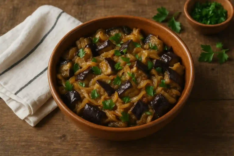 Eggplant with creamy caramelized onions served in a rustic bowl