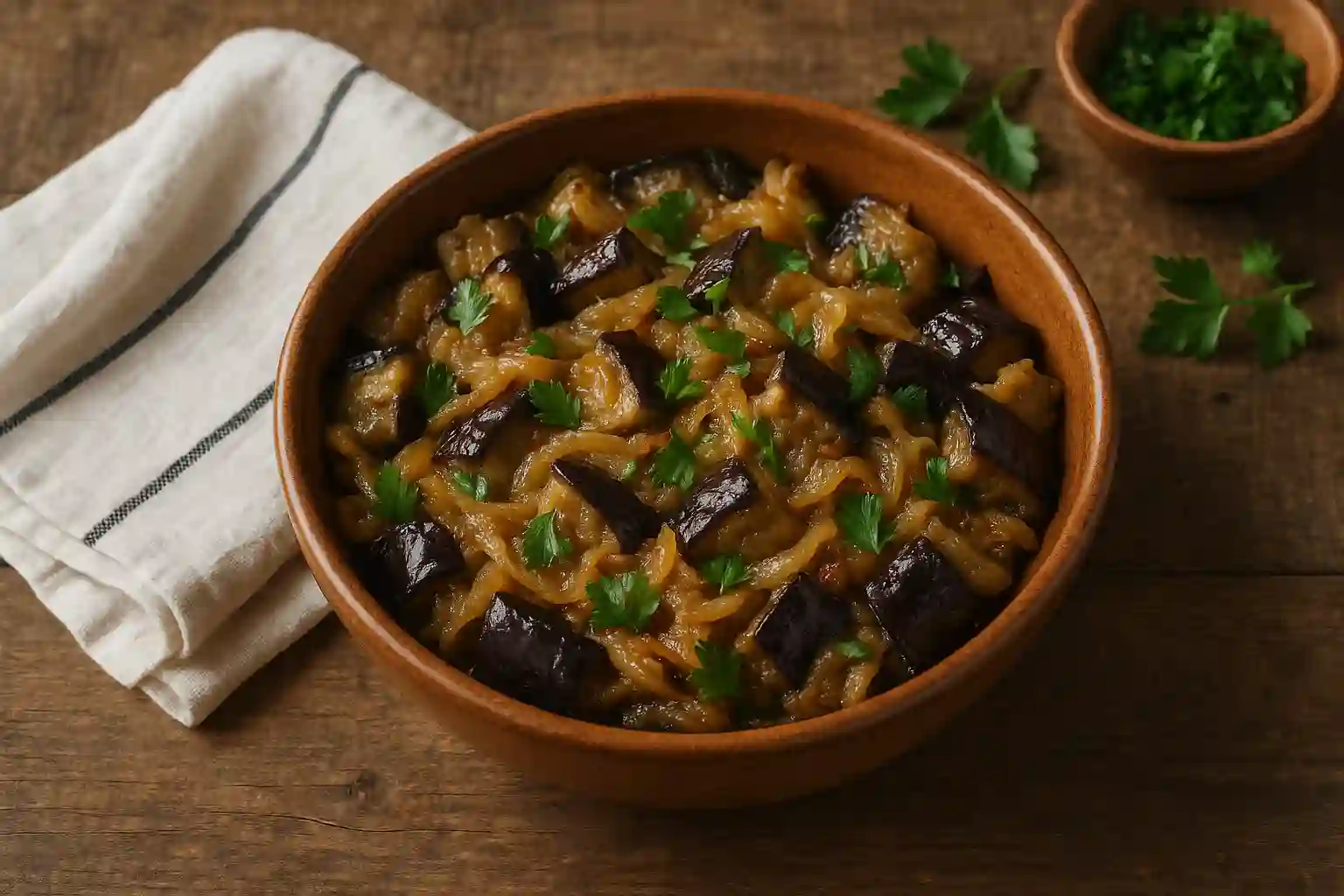 Eggplant with creamy caramelized onions served in a rustic bowl