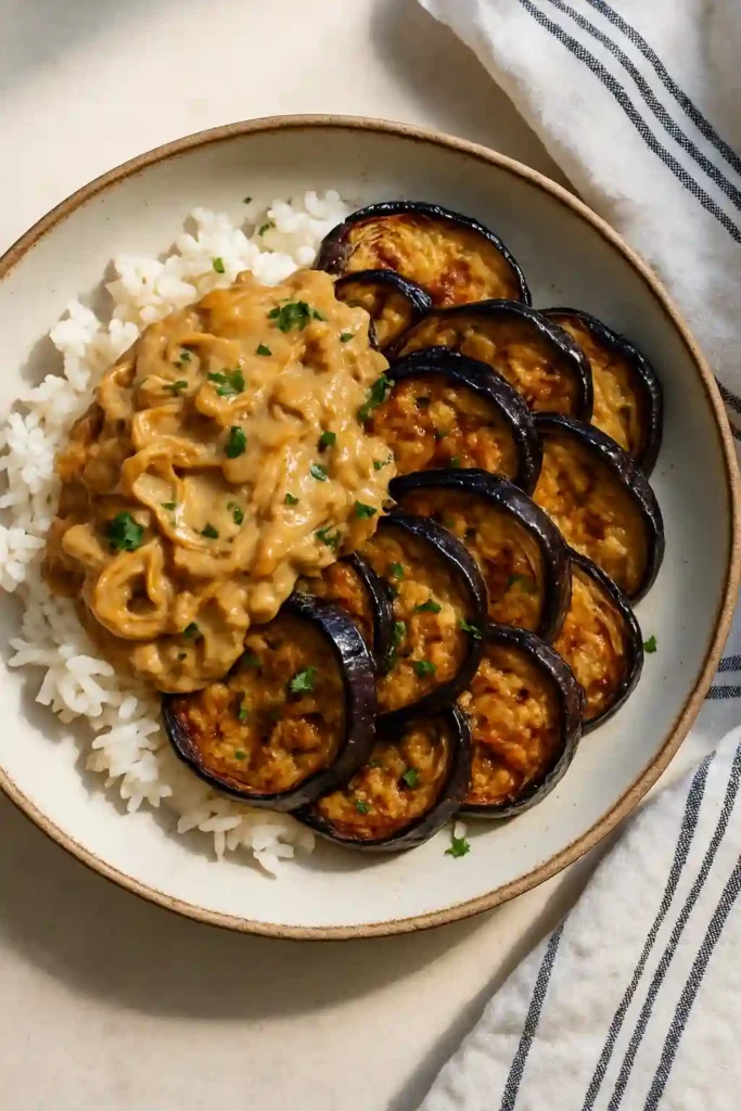 Eggplant with creamy caramelized onions served over rice