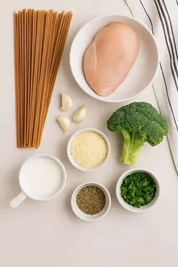Garlic Parmesan Chicken Pasta ingredients flat lay