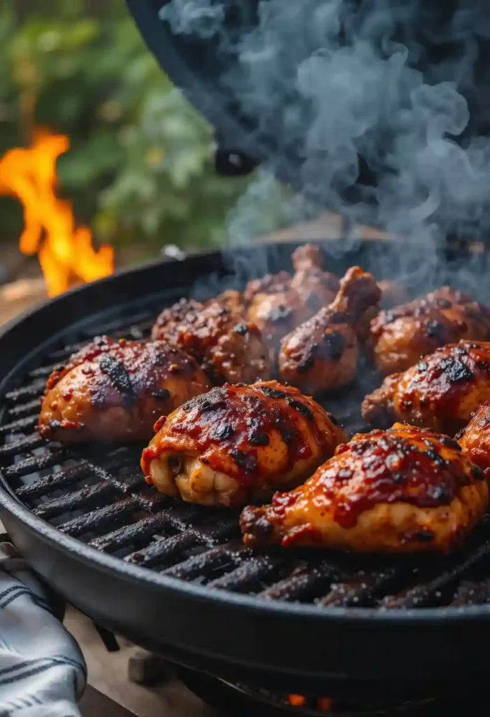 Grilled chicken leg quarters recipe with smoky BBQ glaze on a summer grill.