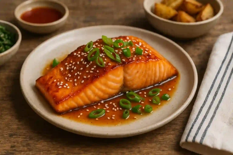 Hot honey salmon with glaze and garnish