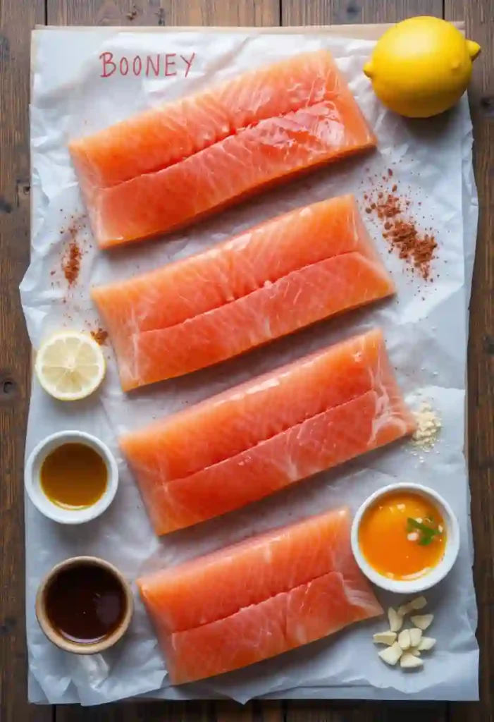 Hot honey salmon ingredients flat lay