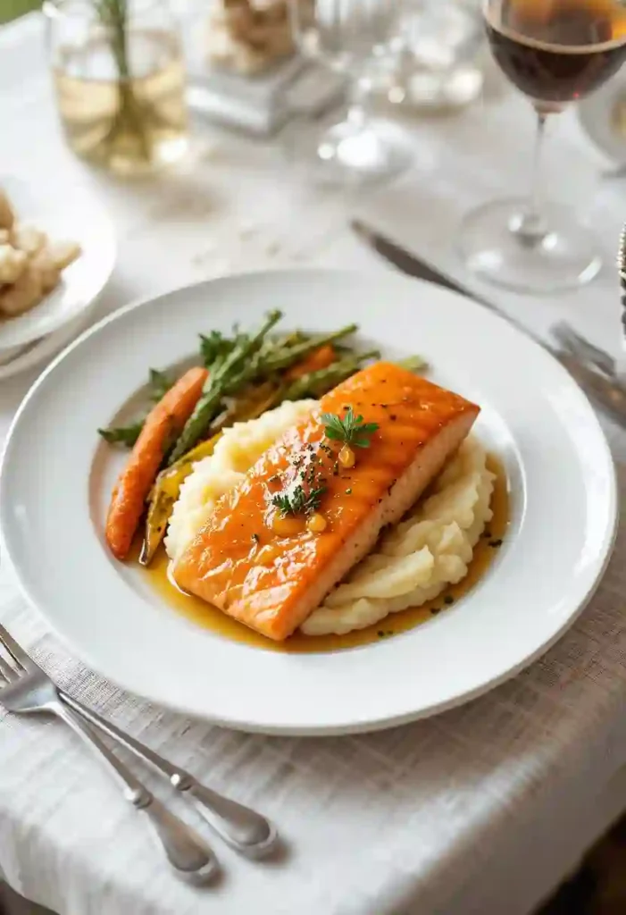 Hot honey salmon with mashed potatoes and carrots