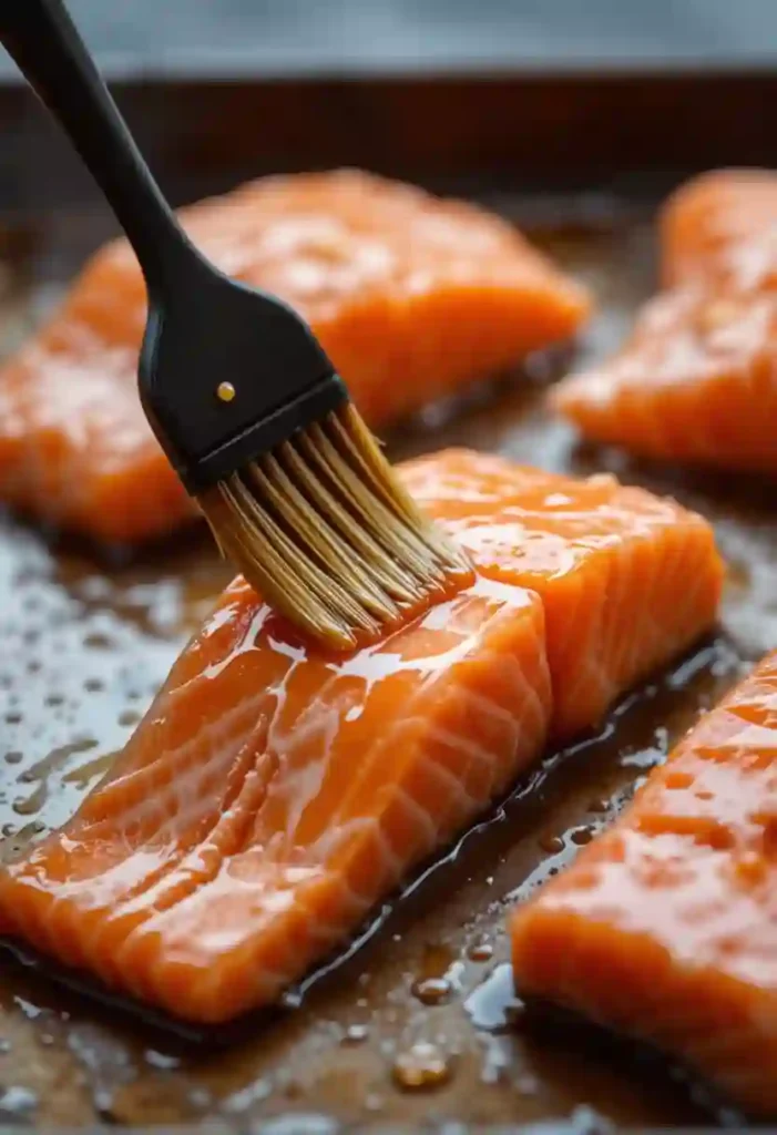 Brushing glaze onto salmon fillets