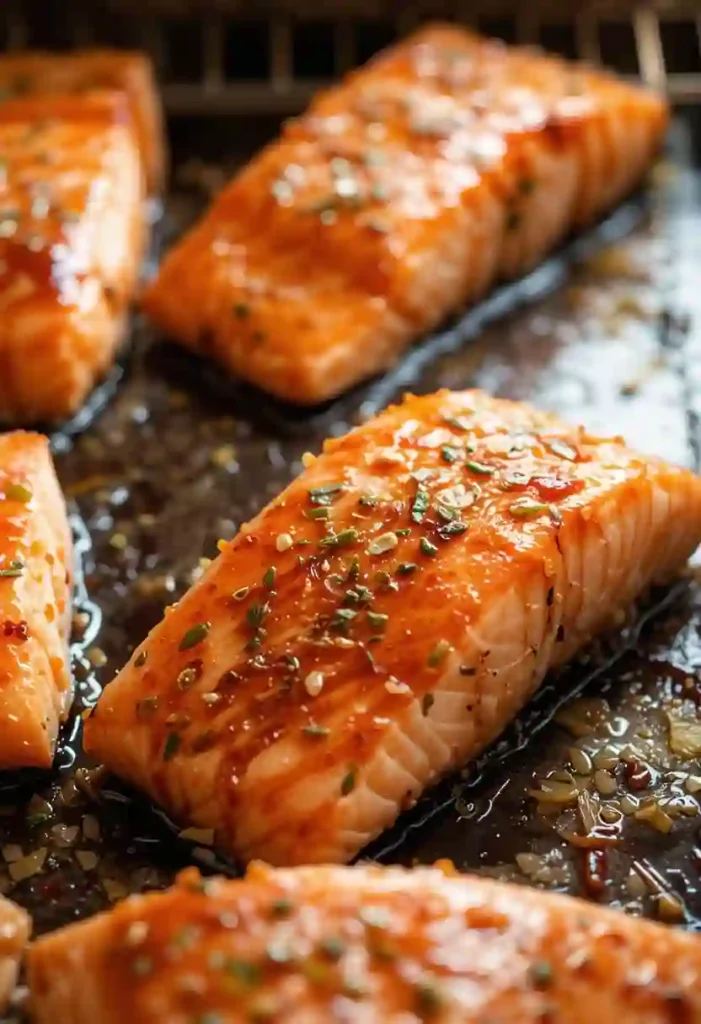 Salmon fillets baking with glaze
