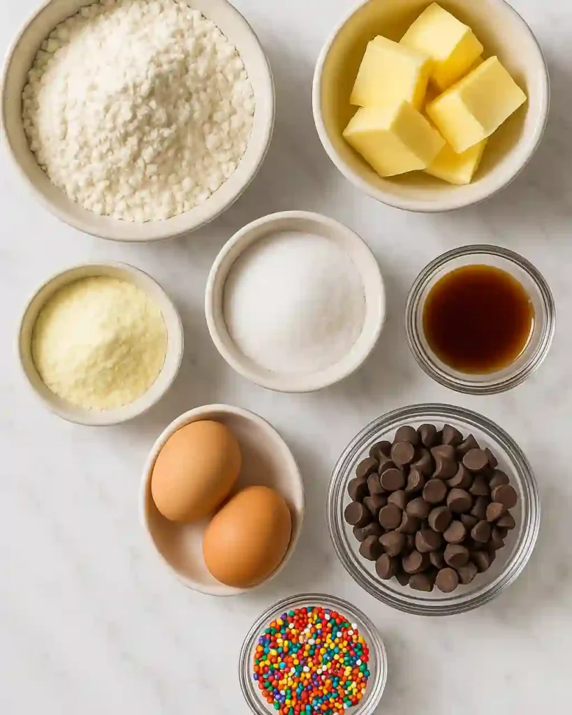 Pudding cookie ingredients on a marble counter