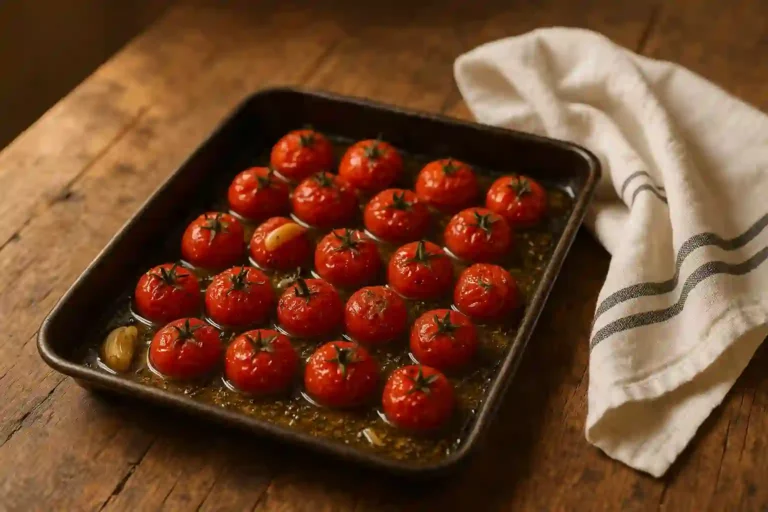 Roasted cherry tomatoes on rustic tray with garlic and herbs