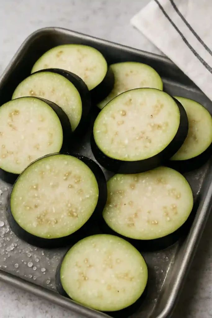 Eggplant slices salted before roasting