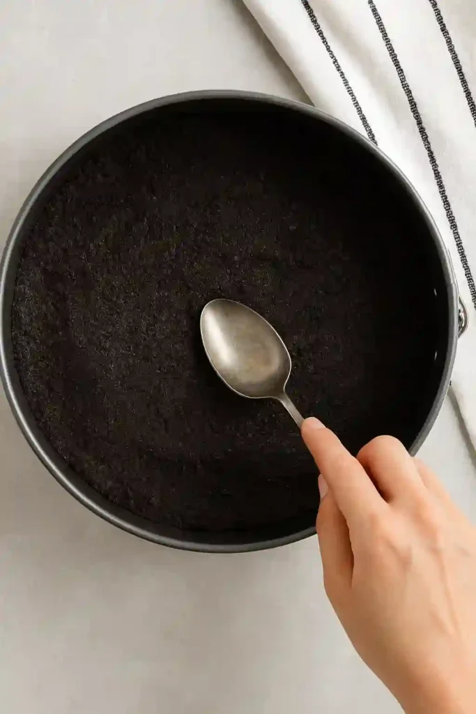 Oreo crust pressed in pan for Samoa Cheesecake