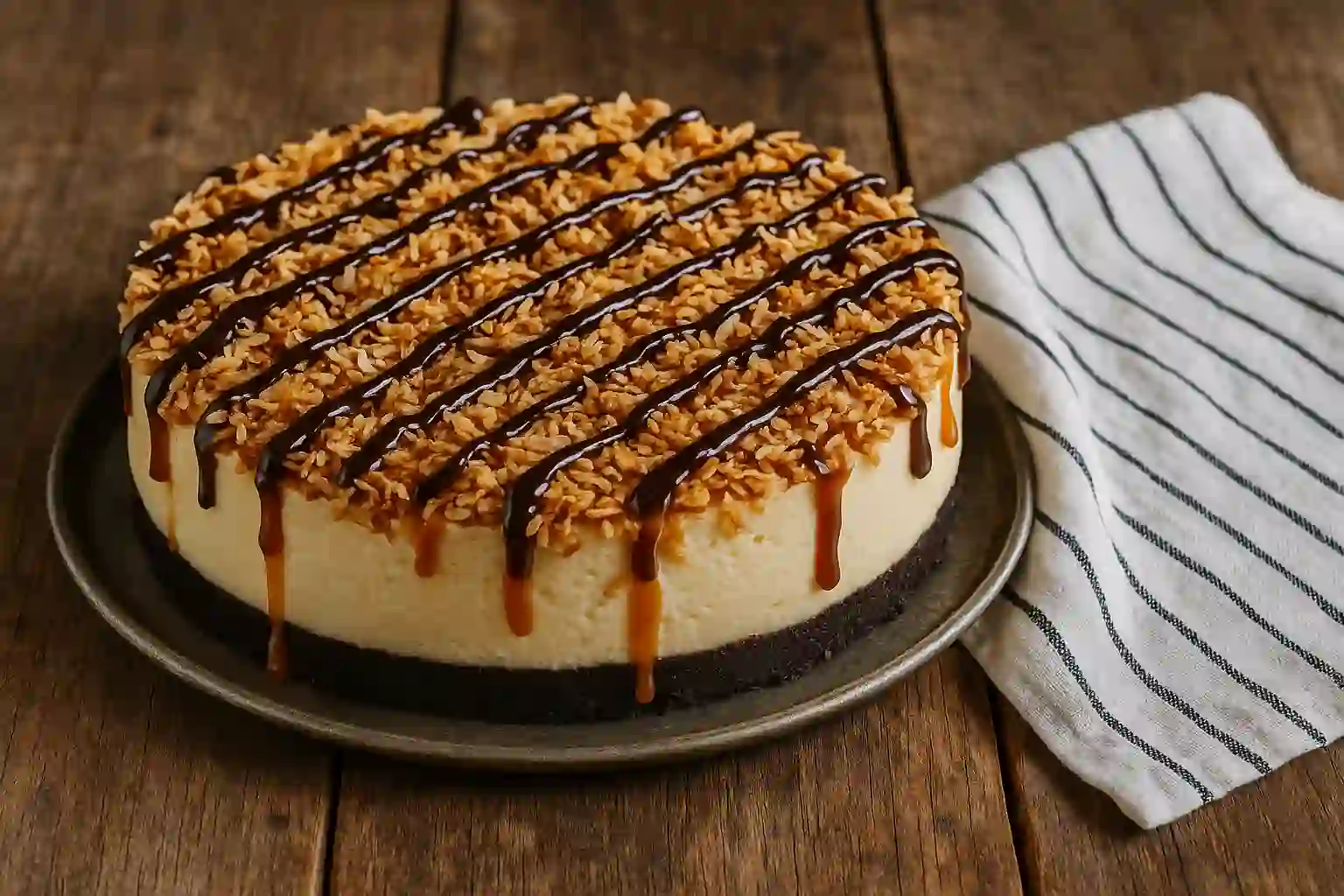 Samoa Cheesecake Recipe topped with caramel, coconut, and chocolate