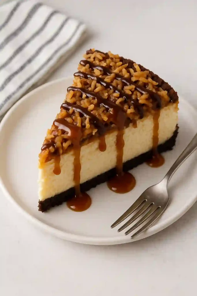 Slice of Samoa Cheesecake served with caramel drizzle
