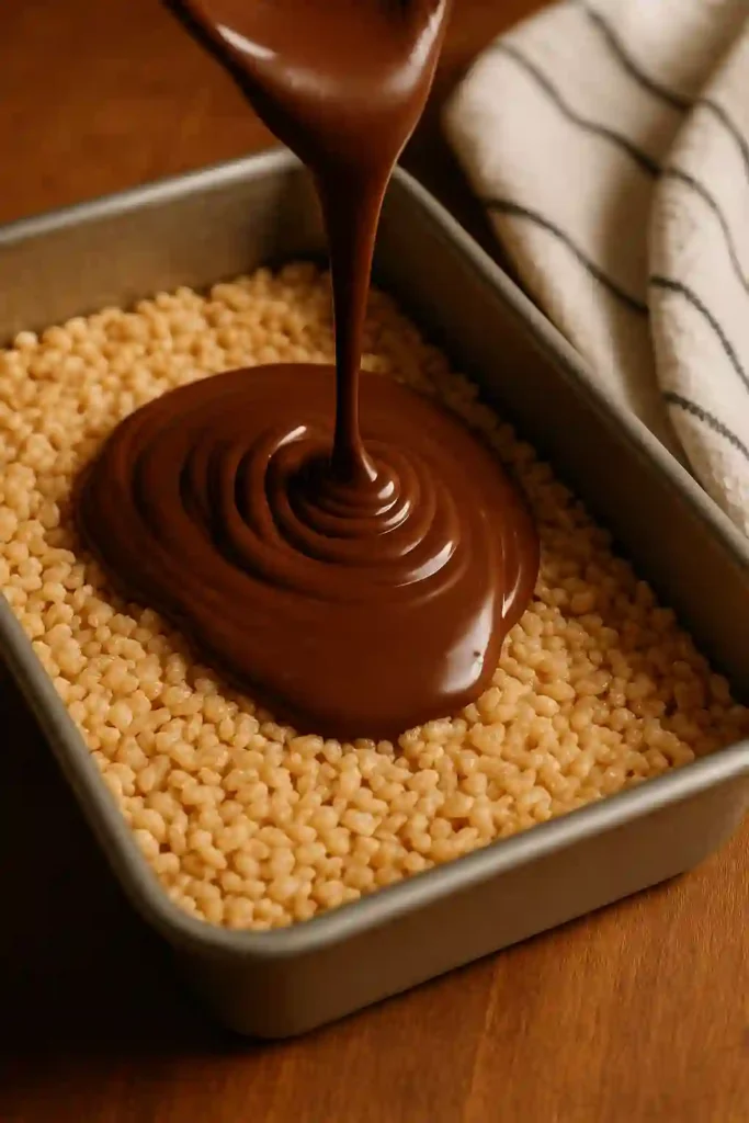 Pouring chocolate topping on Scotcheroos