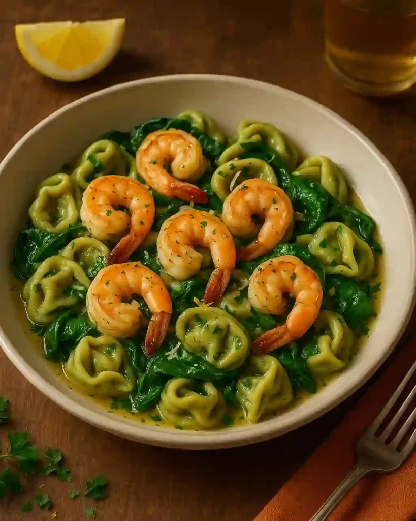 Serving Lemon Garlic Butter Shrimp and Spinach Tortellini
