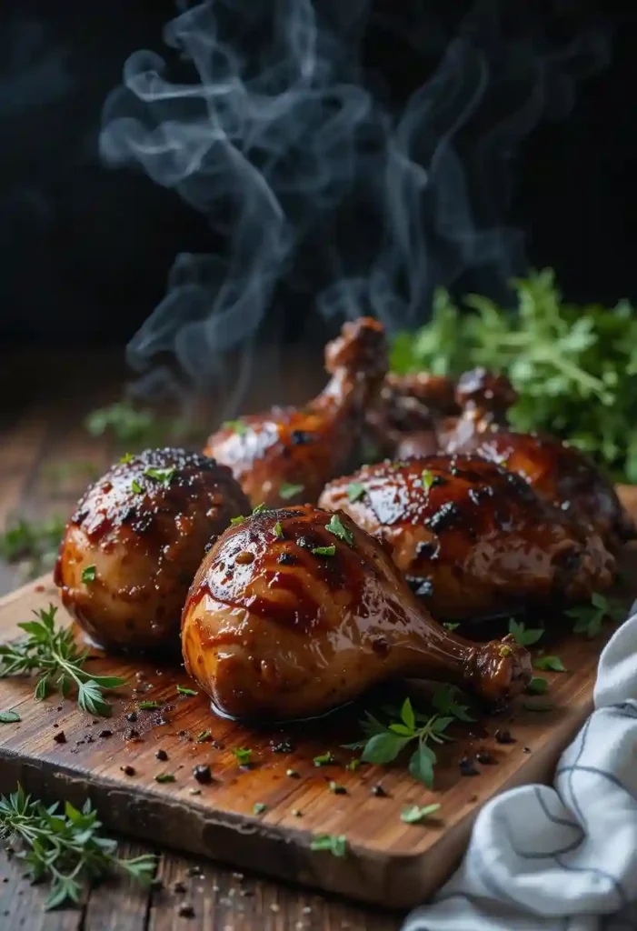 Smoked chicken leg quarters recipe with rich golden-brown skin and fresh herbs.