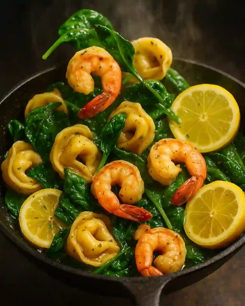 Tossing shrimp and tortellini with spinach in garlic butter sauce