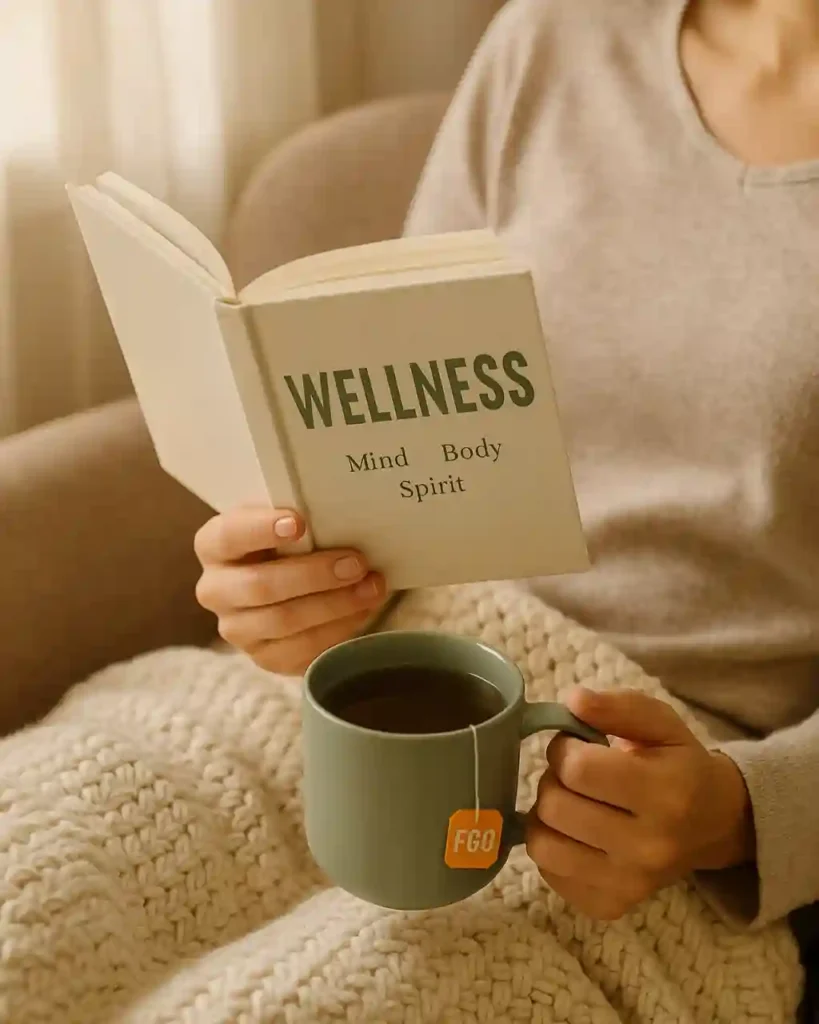 Person relaxing with a cup of FGO Tea and reading a wellness book in a cozy setting.