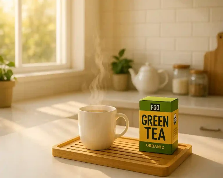 Freshly brewed FGO green tea served in a glass cup on a bamboo tray during a morning wellness ritual.
