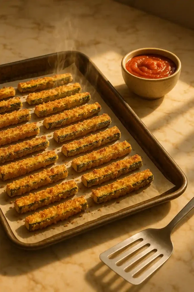 Golden baked zucchini fries fresh out of the oven with bowl of marinara sauce.