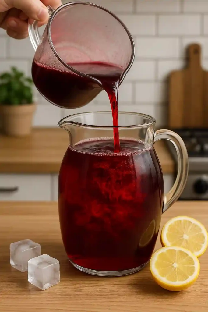 Pouring berry syrup into hibiscus tea in a glass pitcher on a modern kitchen counter.