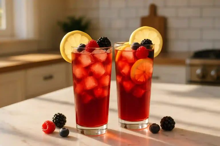 Two glasses of iced hibiscus berry tea with ice and lemon garnish on a bright modern kitchen counter.