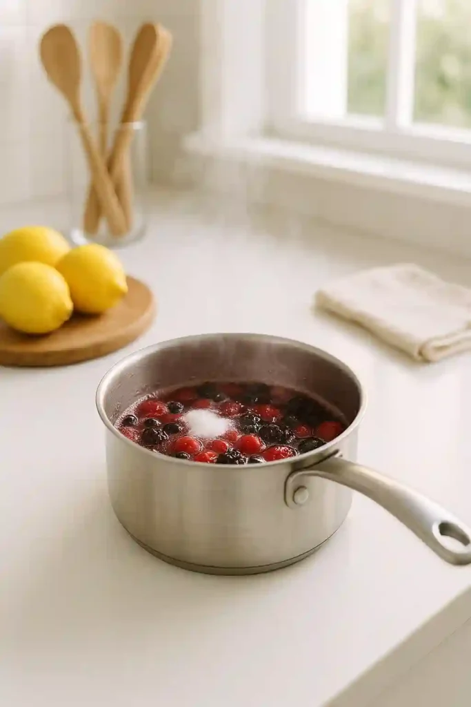 Small saucepan with mixed berries and sugar simmering to make berry syrup in a bright modern kitchen.