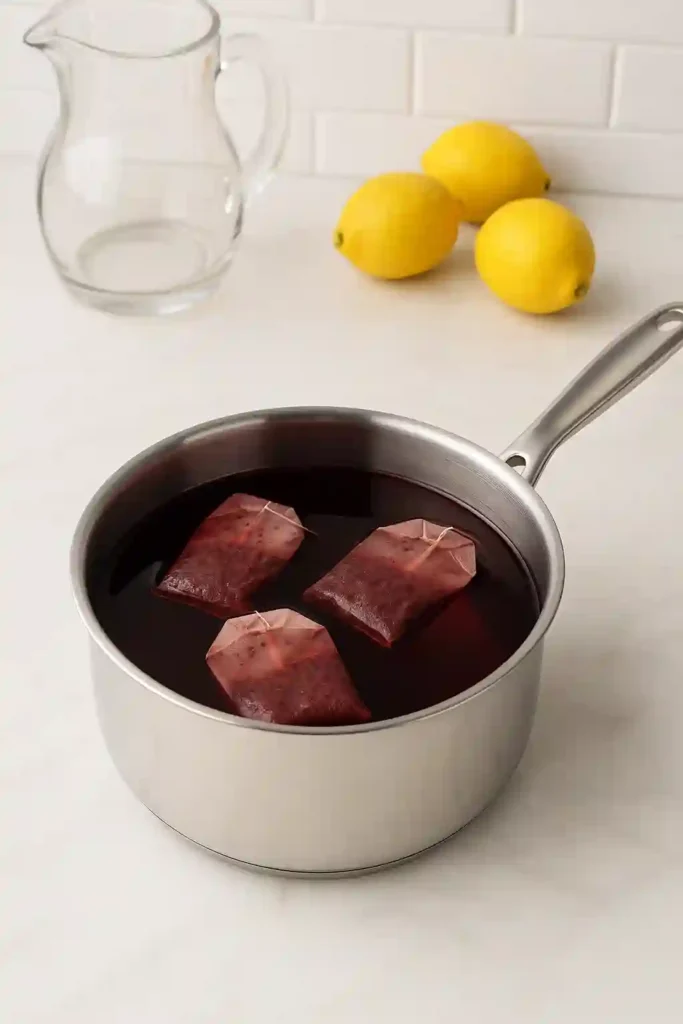 Pot of hibiscus tea steeping on a white marble counter in a modern bright kitchen.
