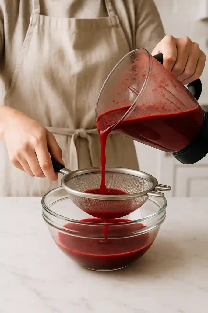 Hands straining blended berry syrup through a fine-mesh sieve in a bright modern kitchen.