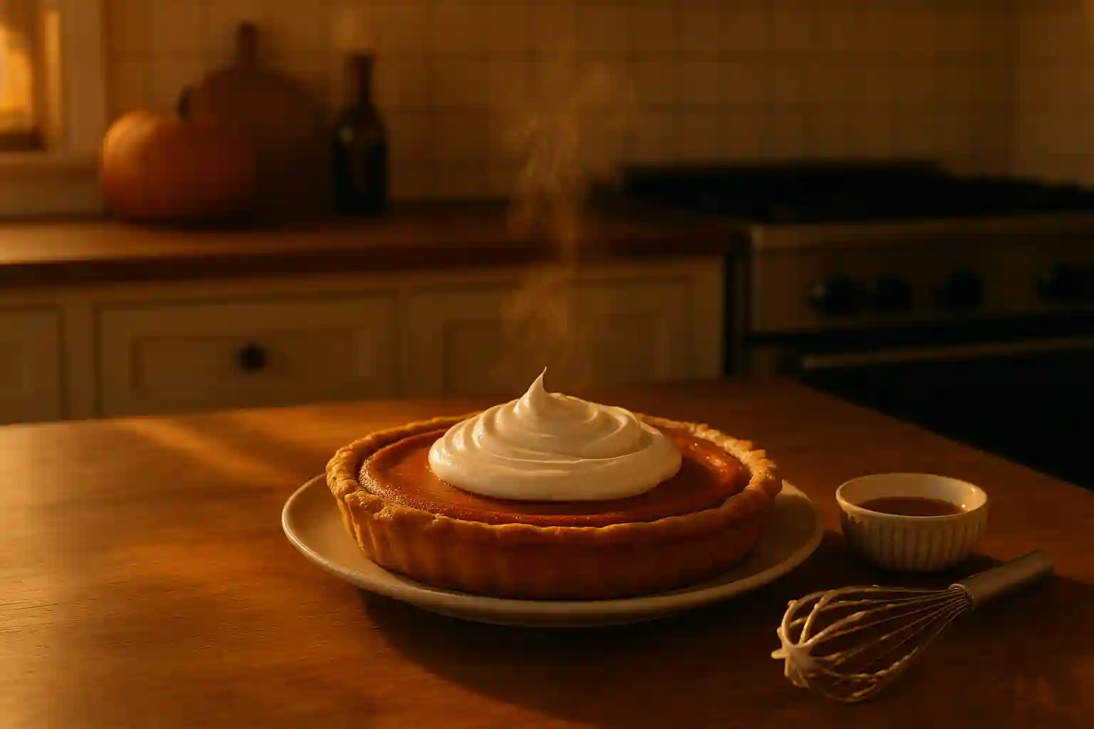 Serving a slice of pumpkin pie topped with whipped maple cream in a cozy rustic kitchen.