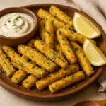 Crispy baked zucchini fries served with garlic aioli and parsley garnish on wooden plate.