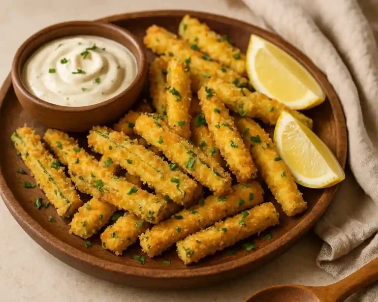 Crispy baked zucchini fries served with garlic aioli and parsley garnish on wooden plate.